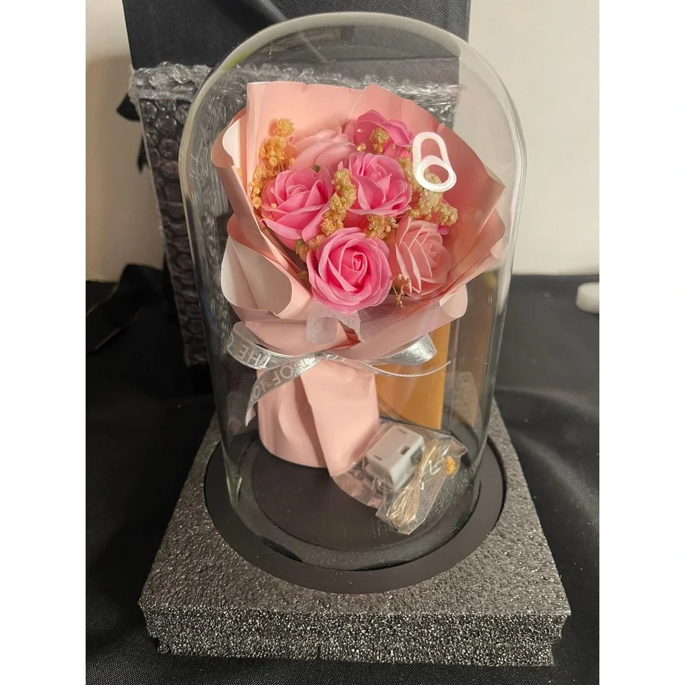 Preserved‎ Pink Soap Rose Bouquet in Glass Dome with LED Lights and Gift Box